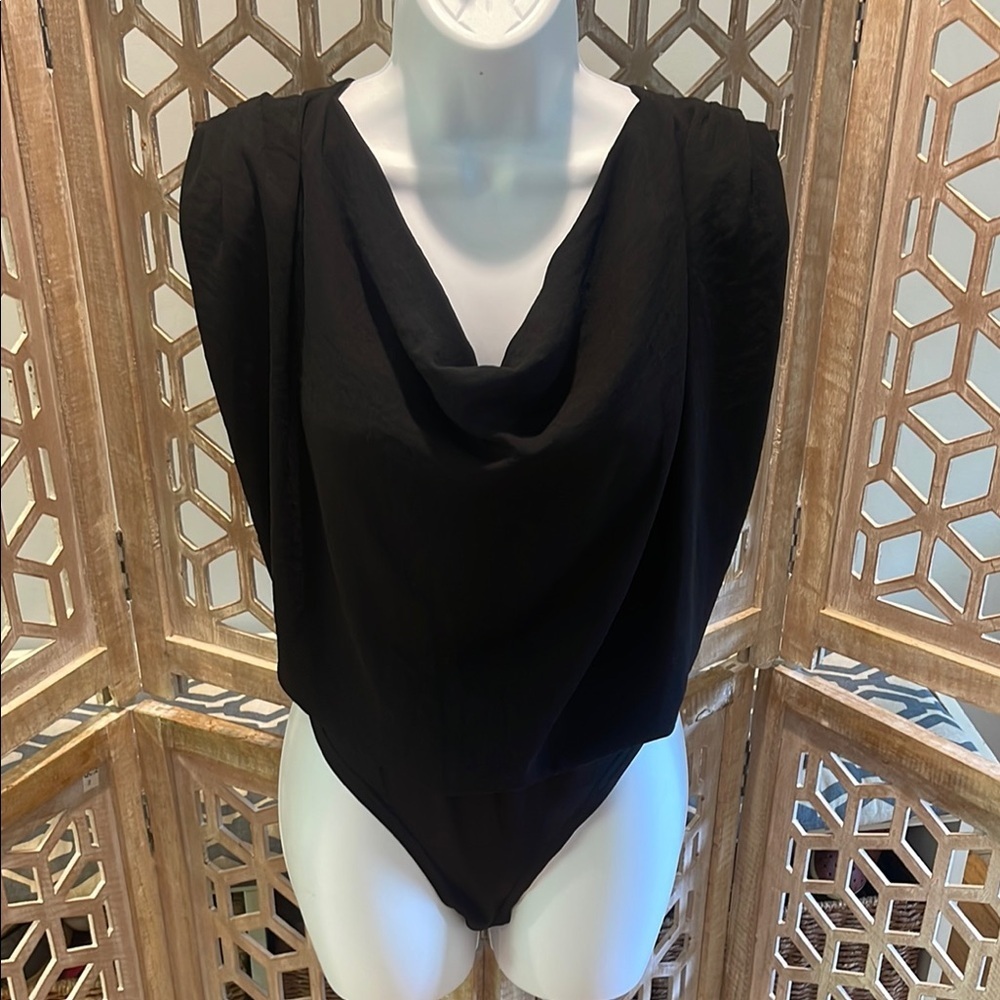 NWT She + Sky Lyndon BodySuit Black Sleeveless Drape Neck Size L - Picture 2 of 12